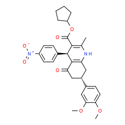 ChemSpider 2D Image | Cyclopentyl (4R,7S)-7-(3,4-dimethoxyphenyl)-2-methyl-4-(4-nitrophenyl)-5-oxo-1,4,5,6,7,8-hexahydro-3-quinolinecarboxylate | C30H32N2O7