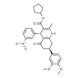ChemSpider 2D Image | Cyclopentyl (4S,7R)-7-(3,4-dimethoxyphenyl)-2-methyl-4-(3-nitrophenyl)-5-oxo-1,4,5,6,7,8-hexahydro-3-quinolinecarboxylate | C30H32N2O7