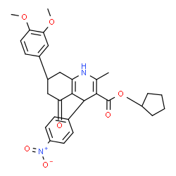 ChemSpider 2D Image | Cyclopentyl (4S,7R)-7-(3,4-dimethoxyphenyl)-2-methyl-4-(4-nitrophenyl)-5-oxo-1,4,5,6,7,8-hexahydro-3-quinolinecarboxylate | C30H32N2O7