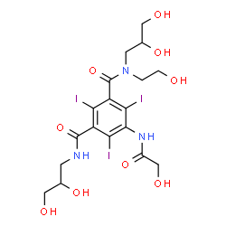 ChemSpider 2D Image | N,N'-Bis(2,3-dihydroxypropyl)-5-(glycoloylamino)-N-(2-hydroxyethyl)-2,4,6-triiodoisophthalamide | C18H24I3N3O9