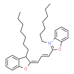 ChemSpider 2D Image | 3-Heptyl-2-[(1E,3E)-3-(3-heptyl-1-benzofuran-2(3H)-ylidene)-1-propen-1-yl]-1,3-benzoxazol-3-ium | C32H42NO2