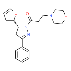 ChemSpider 2D Image | 1-[(5R)-5-(2-Furyl)-3-phenyl-4,5-dihydro-1H-pyrazol-1-yl]-3-(4-morpholinyl)-1-propanone | C20H23N3O3