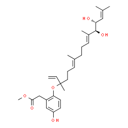 ChemSpider 2D Image | Methyl (2-{[(6E,10E,12S,13R)-12,13-dihydroxy-3,7,11,15-tetramethyl-1,6,10,14-hexadecatetraen-3-yl]oxy}-5-hydroxyphenyl)acetate | C29H42O6