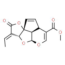 ChemSpider 2D Image | Methyl (3E,3aR,4aS,9aR,9bR)-3-ethylidene-2-oxo-3,3a,7a,9b-tetrahydro-2H,4aH-1,4,5-trioxadicyclopenta[a,hi]indene-7-carboxylate | C15H14O6