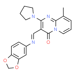 ChemSpider 2D Image | 3-[(E)-1,3-benzodioxol-5-yliminomethyl]-9-methyl-2-pyrrolidin-1-yl-pyrido[2,1-b]pyrimidin-4-one | C21H20N4O3