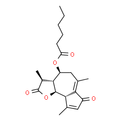 ChemSpider 2D Image | (3S,3aR,4S,9aS,9bR)-3,6,9-Trimethyl-2,7-dioxo-2,3,3a,4,5,7,9a,9b-octahydroazuleno[4,5-b]furan-4-yl hexanoate | C21H28O5