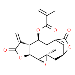 ChemSpider 2D Image | (1S,3R,5R,6S,10R,11S)-3-Methyl-9-methylene-8,14-dioxo-4,7,15-trioxatetracyclo[11.2.1.0~3,5~.0~6,10~]hexadec-13(16)-en-11-yl methacrylate | C19H20O7
