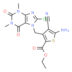 ChemSpider 2D Image | Ethyl 5-amino-3-[(8-chloro-1,3-dimethyl-2,6-dioxo-1,2,3,6-tetrahydro-7H-purin-7-yl)methyl]-4-cyano-2-thiophenecarboxylate | C16H15ClN6O4S