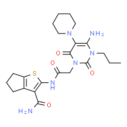 ChemSpider 2D Image | 2-({[4-Amino-2,6-dioxo-5-(1-piperidinyl)-3-propyl-3,6-dihydro-1(2H)-pyrimidinyl]acetyl}amino)-5,6-dihydro-4H-cyclopenta[b]thiophene-3-carboxamide | C22H30N6O4S