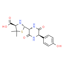 ChemSpider 2D Image | (2S,4R)-2-[(2R,5R)-5-(4-Hydroxyphenyl)-3,6-dioxo-2-piperazinyl]-5,5-dimethyl-1,3-thiazolidine-4-carboxylic acid | C16H19N3O5S
