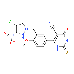 ChemSpider 2D Image | 6-{3-[(4-Chloro-3-nitro-1-pyrazolidinyl)methyl]-4-methoxyphenyl}-4-oxo-2-thioxo-1,2,3,4-tetrahydro-5-pyrimidinecarbonitrile | C16H15ClN6O4S
