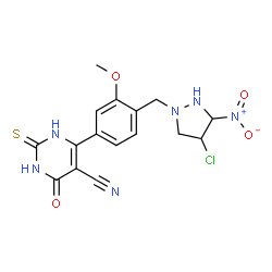 ChemSpider 2D Image | 6-{4-[(4-Chloro-3-nitro-1-pyrazolidinyl)methyl]-3-methoxyphenyl}-4-oxo-2-thioxo-1,2,3,4-tetrahydro-5-pyrimidinecarbonitrile | C16H15ClN6O4S