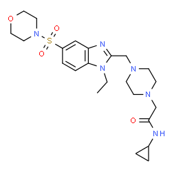 ChemSpider 2D Image | N-Cyclopropyl-2-(4-{[1-ethyl-5-(4-morpholinylsulfonyl)-1H-benzimidazol-2-yl]methyl}-1-piperazinyl)acetamide | C23H34N6O4S