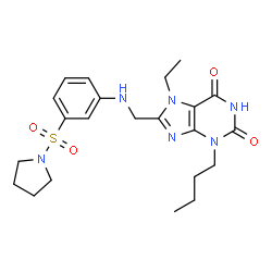 ChemSpider 2D Image | 3-Butyl-7-ethyl-8-({[3-(1-pyrrolidinylsulfonyl)phenyl]amino}methyl)-3,7-dihydro-1H-purine-2,6-dione | C22H30N6O4S