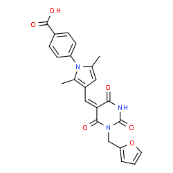 ChemSpider 2D Image | 4-(3-{(E)-[1-(2-Furylmethyl)-2,4,6-trioxotetrahydro-5(2H)-pyrimidinylidene]methyl}-2,5-dimethyl-1H-pyrrol-1-yl)benzoic acid | C23H19N3O6