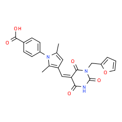 ChemSpider 2D Image | 4-(3-{(Z)-[1-(2-Furylmethyl)-2,4,6-trioxotetrahydro-5(2H)-pyrimidinylidene]methyl}-2,5-dimethyl-1H-pyrrol-1-yl)benzoic acid | C23H19N3O6