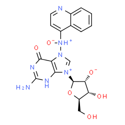 ChemSpider 2D Image | (2R,3R,4R,5R)-2-{2-Amino-7-[oxido(4-quinolinyl)-lambda~5~-azanyl]-6-oxo-6,7-dihydro-3H-purin-9-ium-9-yl}-4-hydroxy-5-(hydroxymethyl)tetrahydro-3-furanolate | C19H19N7O6