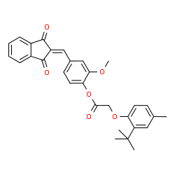 ChemSpider 2D Image | 4-[(1,3-Dioxo-1,3-dihydro-2H-inden-2-ylidene)methyl]-2-methoxyphenyl (2-tert-butyl-4-methylphenoxy)acetate | C30H28O6