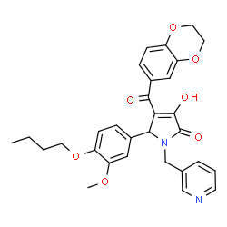 ChemSpider 2D Image | 5-(4-Butoxy-3-methoxyphenyl)-4-(2,3-dihydro-1,4-benzodioxin-6-ylcarbonyl)-3-hydroxy-1-(3-pyridinylmethyl)-1,5-dihydro-2H-pyrrol-2-one | C30H30N2O7