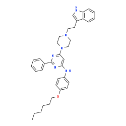 ChemSpider 2D Image | N-[4-(Hexyloxy)phenyl]-6-{4-[2-(1H-indol-3-yl)ethyl]-1-piperazinyl}-2-phenyl-4-pyrimidinamine | C36H42N6O