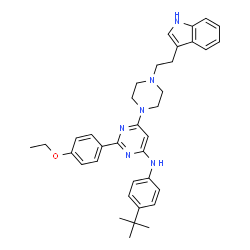 ChemSpider 2D Image | 2-(4-Ethoxyphenyl)-6-{4-[2-(1H-indol-3-yl)ethyl]-1-piperazinyl}-N-[4-(2-methyl-2-propanyl)phenyl]-4-pyrimidinamine | C36H42N6O