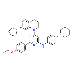 ChemSpider 2D Image | 2-(4-Ethoxyphenyl)-N-[4-(1-piperidinyl)phenyl]-6-[7-(1-pyrrolidinyl)-3,4-dihydro-1(2H)-quinolinyl]-4-pyrimidinamine | C36H42N6O