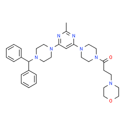 ChemSpider 2D Image | 1-(4-{6-[4-(Diphenylmethyl)-1-piperazinyl]-2-methyl-4-pyrimidinyl}-1-piperazinyl)-3-(4-morpholinyl)-1-propanone | C33H43N7O2