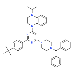 ChemSpider 2D Image | 1-{6-[4-(Diphenylmethyl)-1-piperazinyl]-2-[4-(2-methyl-2-propanyl)phenyl]-4-pyrimidinyl}-4-isopropyl-1,2,3,4-tetrahydroquinoxaline | C42H48N6