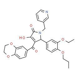 ChemSpider 2D Image | 4-(2,3-Dihydro-1,4-benzodioxin-6-ylcarbonyl)-5-(3-ethoxy-4-propoxyphenyl)-3-hydroxy-1-(3-pyridinylmethyl)-1,5-dihydro-2H-pyrrol-2-one | C30H30N2O7