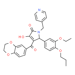 ChemSpider 2D Image | 4-(2,3-Dihydro-1,4-benzodioxin-6-ylcarbonyl)-5-(3-ethoxy-4-propoxyphenyl)-3-hydroxy-1-(4-pyridinylmethyl)-1,5-dihydro-2H-pyrrol-2-one | C30H30N2O7