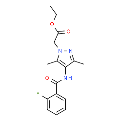 ChemSpider 2D Image | Ethyl {4-[(2-fluorobenzoyl)amino]-3,5-dimethyl-1H-pyrazol-1-yl}acetate | C16H18FN3O3