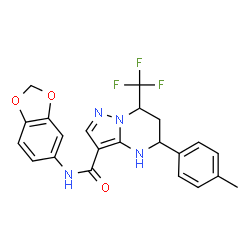 ChemSpider 2D Image | N-(1,3-Benzodioxol-5-yl)-5-(4-methylphenyl)-7-(trifluoromethyl)-4,5,6,7-tetrahydropyrazolo[1,5-a]pyrimidine-3-carboxamide | C22H19F3N4O3