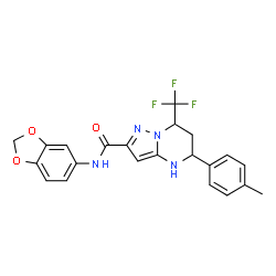 ChemSpider 2D Image | N-(1,3-Benzodioxol-5-yl)-5-(4-methylphenyl)-7-(trifluoromethyl)-4,5,6,7-tetrahydropyrazolo[1,5-a]pyrimidine-2-carboxamide | C22H19F3N4O3