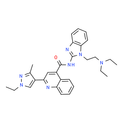 ChemSpider 2D Image | N-{1-[2-(Diethylamino)ethyl]-1H-benzimidazol-2-yl}-2-(1-ethyl-3-methyl-1H-pyrazol-4-yl)-4-quinolinecarboxamide | C29H33N7O