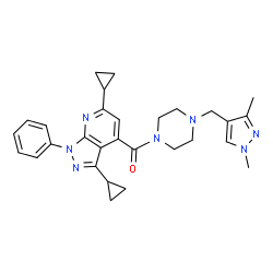 ChemSpider 2D Image | (3,6-Dicyclopropyl-1-phenyl-1H-pyrazolo[3,4-b]pyridin-4-yl){4-[(1,3-dimethyl-1H-pyrazol-4-yl)methyl]-1-piperazinyl}methanone | C29H33N7O