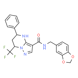 ChemSpider 2D Image | N-(1,3-Benzodioxol-5-ylmethyl)-5-phenyl-7-(trifluoromethyl)-4,5,6,7-tetrahydropyrazolo[1,5-a]pyrimidine-3-carboxamide | C22H19F3N4O3