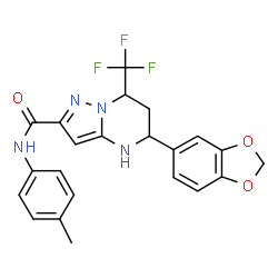 ChemSpider 2D Image | 5-(1,3-Benzodioxol-5-yl)-N-(4-methylphenyl)-7-(trifluoromethyl)-4,5,6,7-tetrahydropyrazolo[1,5-a]pyrimidine-2-carboxamide | C22H19F3N4O3