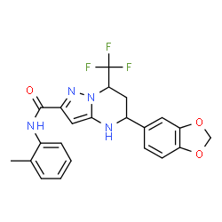 ChemSpider 2D Image | 5-(1,3-Benzodioxol-5-yl)-N-(2-methylphenyl)-7-(trifluoromethyl)-4,5,6,7-tetrahydropyrazolo[1,5-a]pyrimidine-2-carboxamide | C22H19F3N4O3