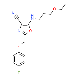 ChemSpider 2D Image | 5-[(3-Ethoxypropyl)amino]-2-[(4-fluorophenoxy)methyl]-1,3-oxazole-4-carbonitrile | C16H18FN3O3