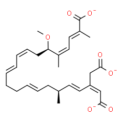 ChemSpider 2D Image | (2E,4Z,6R,8Z,10E,14E,17S,18E,20Z)-20-(Carboxylatomethyl)-6-methoxy-2,5,17-trimethyl-2,4,8,10,14,18,20-docosaheptaenedioate | C28H35O7