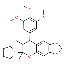 ChemSpider 2D Image | 1-[6,7-Dimethyl-8-(3,4,5-trimethoxyphenyl)-7,8-dihydro-6H-[1,3]dioxolo[4,5-g]chromen-6-yl]pyrrolidine | C25H31NO6