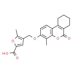 ChemSpider 2D Image | 5-Methyl-4-{[(4-methyl-6-oxo-7,8,9,10-tetrahydro-6H-benzo[c]chromen-3-yl)oxy]methyl}-2-furoic acid | C21H20O6