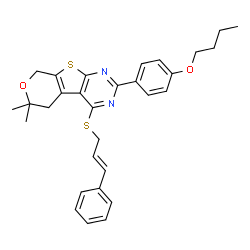 ChemSpider 2D Image | 2-(4-Butoxyphenyl)-6,6-dimethyl-4-{[(2E)-3-phenyl-2-propen-1-yl]sulfanyl}-5,8-dihydro-6H-pyrano[4',3':4,5]thieno[2,3-d]pyrimidine | C30H32N2O2S2