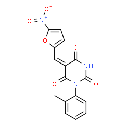 ChemSpider 2D Image | (5E)-1-(2-Methylphenyl)-5-[(5-nitro-2-furyl)methylene]-2,4,6(1H,3H,5H)-pyrimidinetrione | C16H11N3O6
