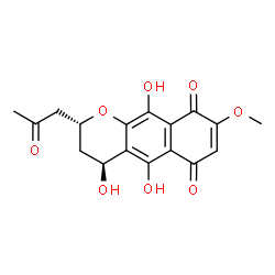 ChemSpider 2D Image | (2R,4S)-4,5,10-Trihydroxy-8-methoxy-2-(2-oxopropyl)-3,4-dihydro-2H-benzo[g]chromene-6,9-dione | C17H16O8