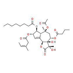ChemSpider 2D Image | (3S,3aR,4S,6S,6aR,7S,8S,9bS)-6-Acetoxy-4-(butyryloxy)-3,3a-dihydroxy-3,6-dimethyl-8-{[(3Z)-3-methyl-3-pentenoyl]oxy}-2-oxo-2,3,3a,4,5,6,6a,7,8,9b-decahydroazuleno[4,5-b]furan-7-yl octanoate | C34H50O12
