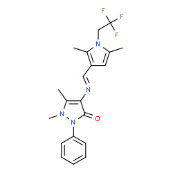 ChemSpider 2D Image | 4-[(E)-{[2,5-Dimethyl-1-(2,2,2-trifluoroethyl)-1H-pyrrol-3-yl]methylene}amino]-1,5-dimethyl-2-phenyl-1,2-dihydro-3H-pyrazol-3-one | C20H21F3N4O