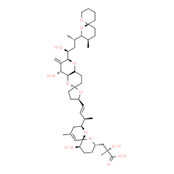 ChemSpider 2D Image | (2R)-2-Hydroxy-3-[(2S,5R,6R,8S)-5-hydroxy-8-{(2R,3E)-4-[(2R,5R,6'S,8'R,8a'S)-8'-hydroxy-6'-{(1S,3S)-1-hydroxy-3-[(3R,6S)-3-methyl-1,7-dioxaspiro[5.5]undec-2-yl]butyl}-7'-methyleneoctahydro-3H,3'H-spir
o[furan-2,2'-pyrano[3,2-b]pyran]-5-yl]-3-buten-2-yl}-10-methyl-1,7-dioxaspiro[5.5]undec-10-en-2-yl]-2-methylpropanoic acid | C44H68O13