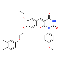 ChemSpider 2D Image | (5Z)-5-{4-[2-(3,4-Dimethylphenoxy)ethoxy]-3-ethoxybenzylidene}-1-(4-methoxyphenyl)-2,4,6(1H,3H,5H)-pyrimidinetrione | C30H30N2O7
