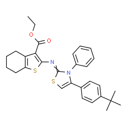 ChemSpider 2D Image | Ethyl 2-({4-[4-(2-methyl-2-propanyl)phenyl]-3-phenyl-1,3-thiazol-2(3H)-ylidene}amino)-4,5,6,7-tetrahydro-1-benzothiophene-3-carboxylate | C30H32N2O2S2